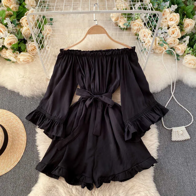 Design Off Shoulder Jumpsuits Women Sexy Slash Neck Flare Sleeve Lace Up Rompers Autumn Elegant Wide Leg Short Rompers 210715