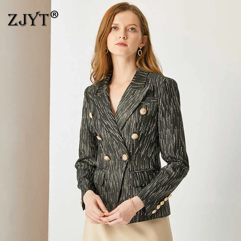 Women Spring Autumn Office Lady Slim Blazer Jacket Double Breasted Casual Long Sleeve Work Suit Striped Vintage Coat Outerwear 210601