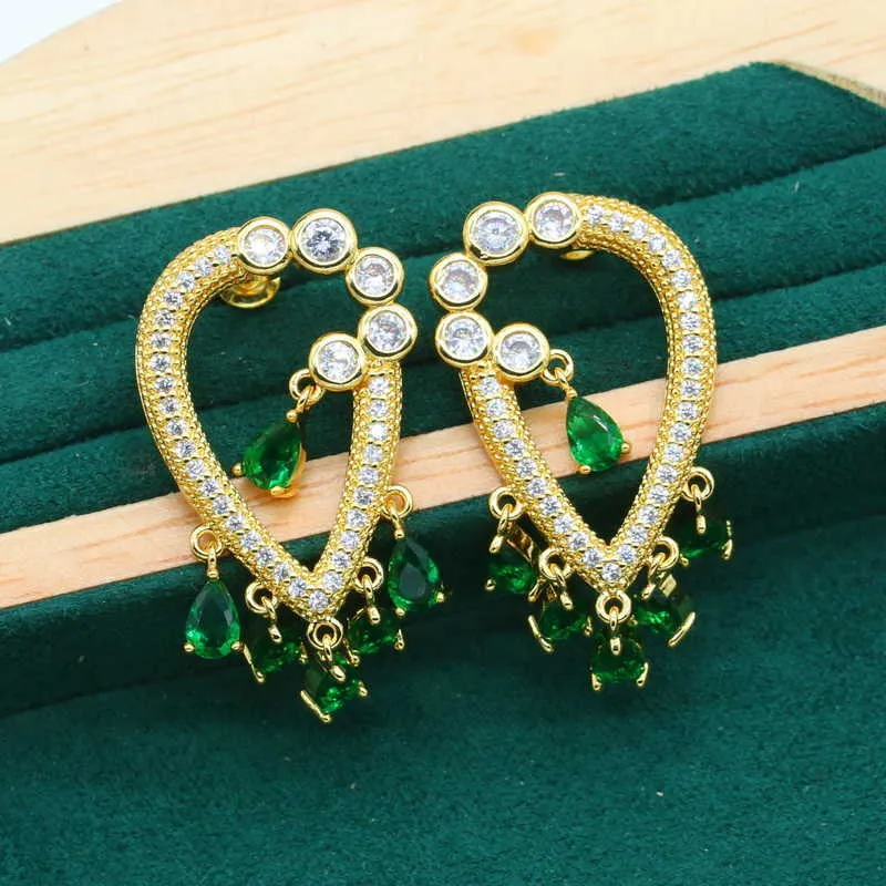 New Arrivals Green Zircon Gold Color Wedding Jewelry Set for Women Party Bracelet Earrings Necklace Pendant Christmas Gift H1022