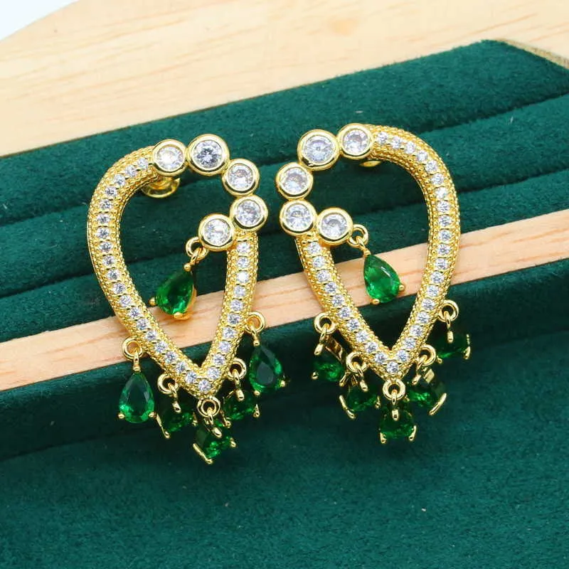 Nouveaux arrivages Green Zircon Gold Color Wedding Bijoux Set pour femmes Boucles de fête de fête