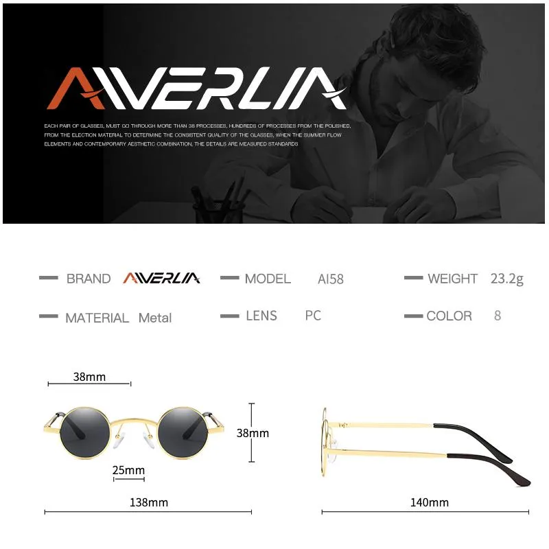 AIVERLIA petites lunettes de soleil rondes marque Design hommes femmes Vintage cercle lunettes métal cadre rond nuances AI58288u