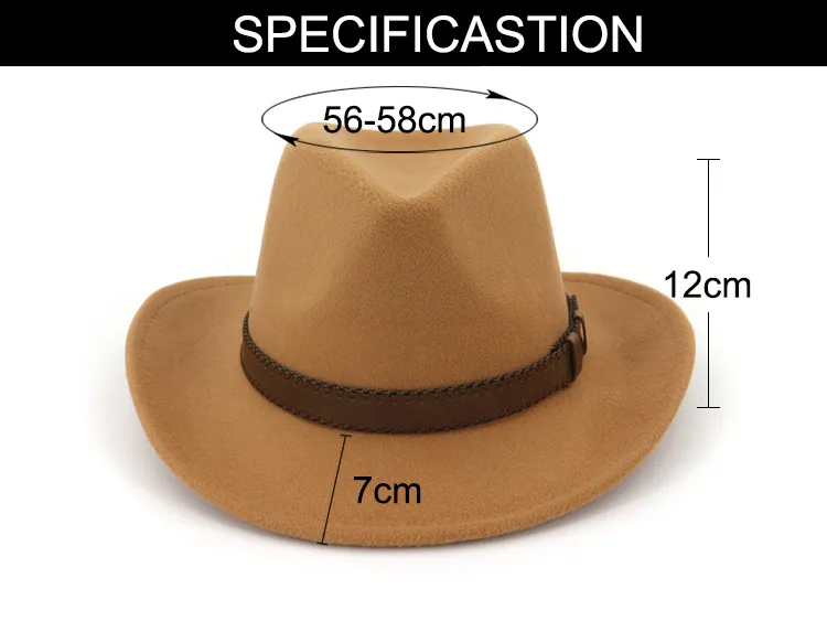 Bred Brim Wool Felt Cowboy Fedora Hats med Dark Brown Leather Band Women Classic Party Formal Cap Hat Whole298R