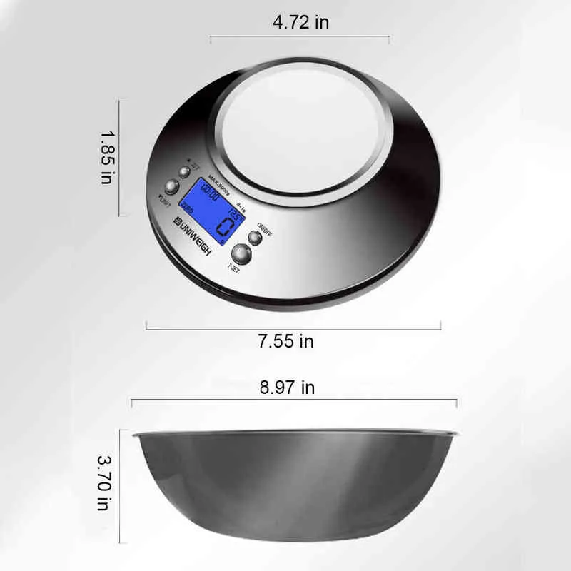 Digital Kitchen Scale High Accuracy 11lb 5kg Food with Removable Bowl Room Temperature Alarm Timer Stainless Steel Libra 211221248w