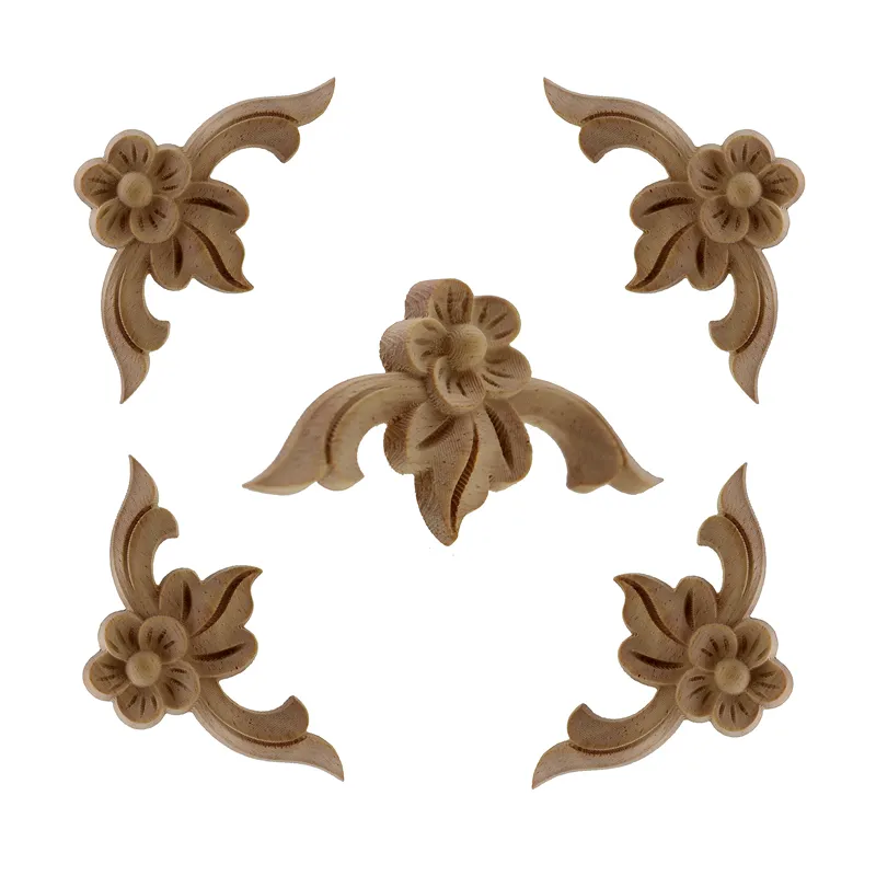 RunBazef Rose Flower Carving Natural Wood Appliciques for Furniture Cabinet Omålade trälister Decal Dekorativ figur C029959337