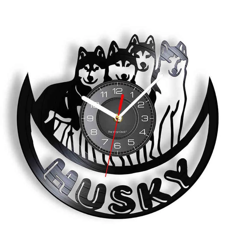 Siberian Husky Disque Vinyle Horloge Murale Pedigree Amoureux Des Chiens Décor À La Maison Montre Animal Pet Illustration Longplay Chiot Chien Pet Horloge Murale H1230