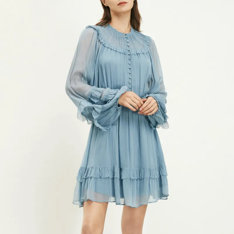 2021 automne automne manches longues col rond robe bleue couleur unie à volants boutons simple boutonnage femmes robes de mode G127029