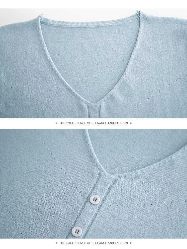 プラスサイズボタンVネックセーター女性ニットプルオーバー夏基本スリムレディーセーターニットジャンパー韓国シックトップ210604