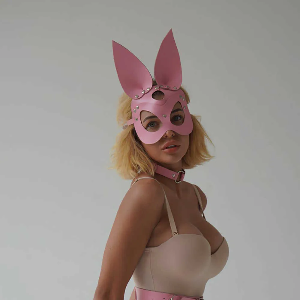 Sexy Cosplay Pink Bunny Leather Mask Bdsm Giochi adulti Festival Rave Halloween Nappa Maschere Donne Masquerade Carnival Party Mask Q0818
