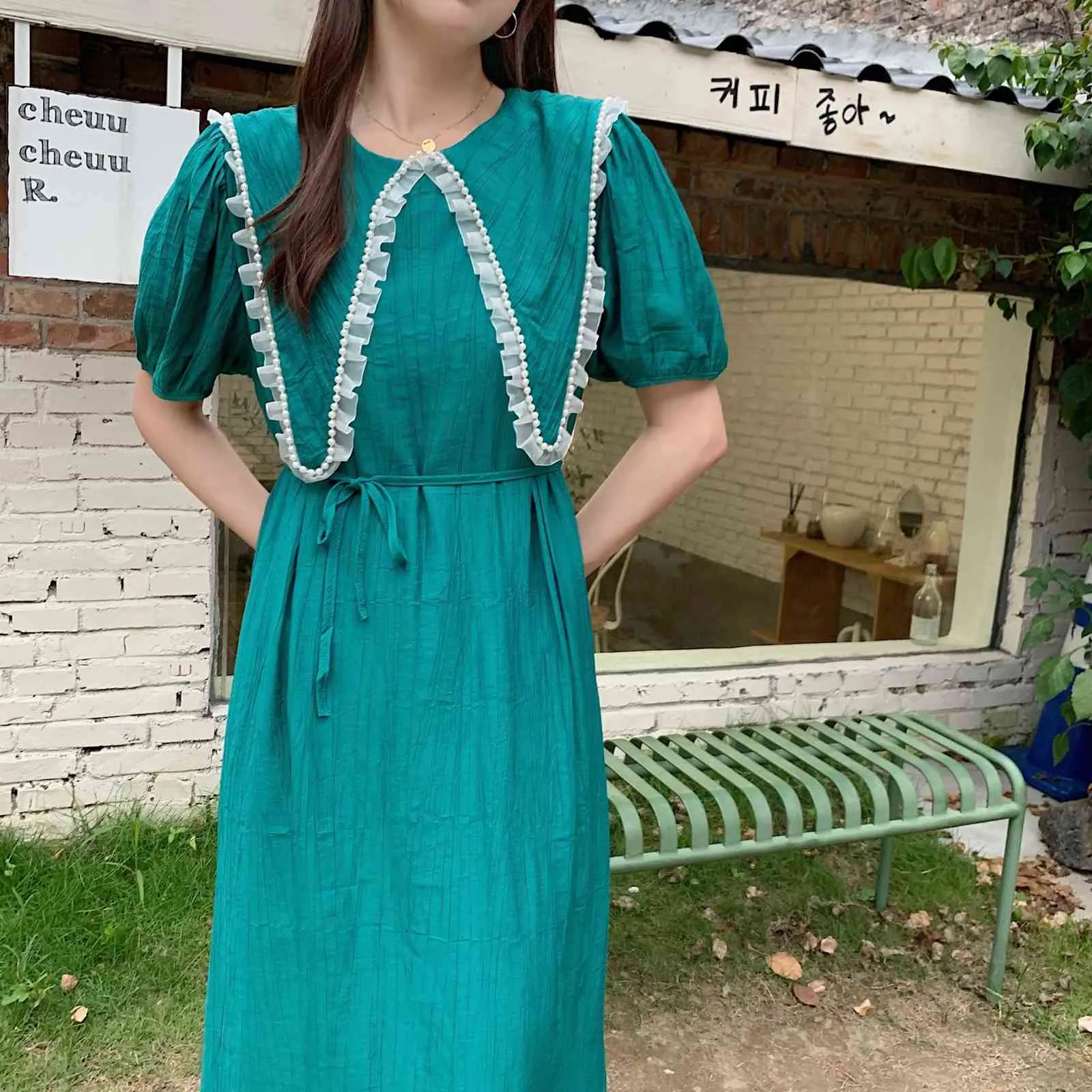 Mesh Peter Pan Kraag Losmakende Elegante Chique Girls OL Streetwear Lange Jurken Retro Zomer Vestidos 210525