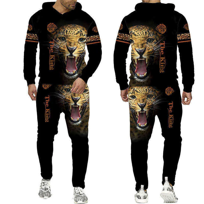 Ferocious Leopard 3D Printed Hoodie + Pants Black Tracksuit Men Women Sweatshirts Two Piece Sets Long Sleeve Men's Clothing Suit G1217