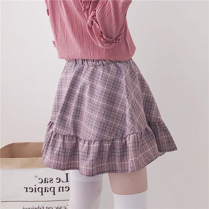 Spring Sweet Plaid Ruffles mini spódnica szara różowa japońska luźna moda moda dziewczyny spódnica kobieta lolita jk college w stylu spódnica 210306