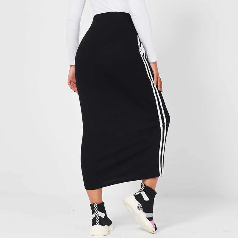 Maifun Summer Women's Elastic Svart Skirt Drawstring Webbing Striked Striped Long Casual Sexig All-Match Bag Hip Calf Skirt 210721