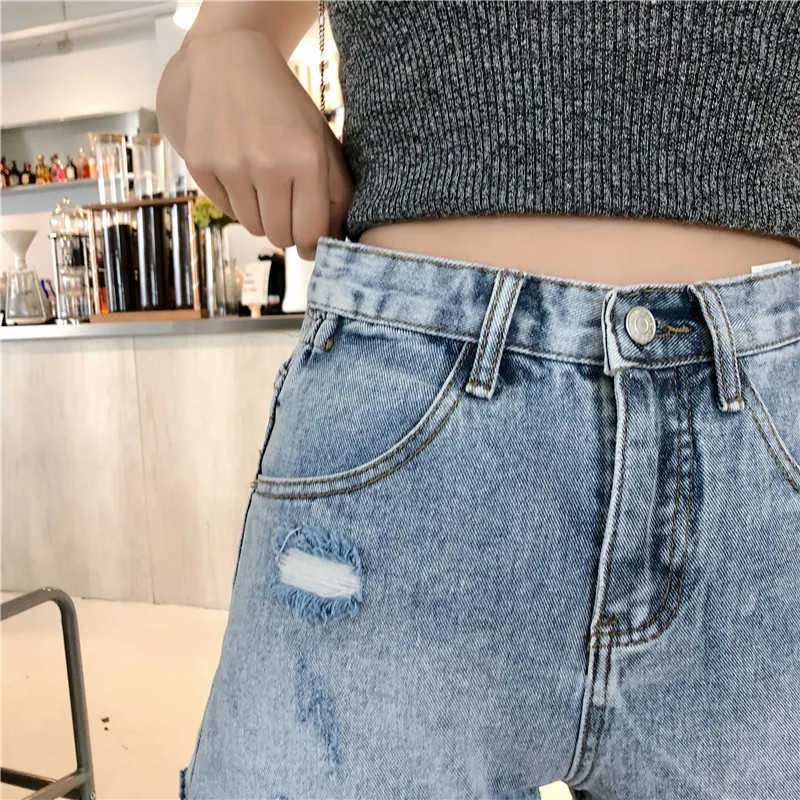 Mode kvinnor byxor hög midja jeans hål knapp flyga shorts rak kontor dam blå rippade jeans för kvinnor 3664 50 210527