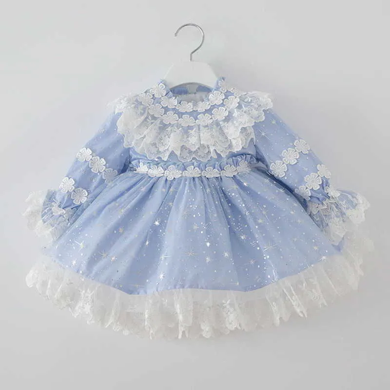 Wiosna Dzieci Dziewczyna Party Dress Koronki Bow Niebieskie Długie Rękawy Mesh Princess Suknie Ślub Wykonuj Odzież Formalne E8010 210610