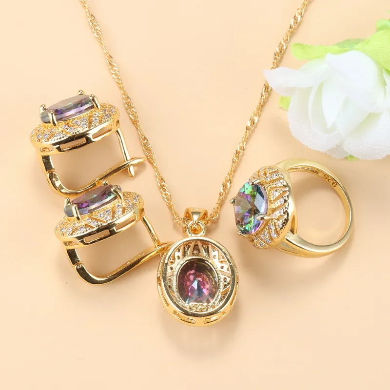 2021 arrivée couleur or bague de mariage bijoux arc-en-ciel pierre Bracelet à breloques collier ensembles femmes africaines accessoires