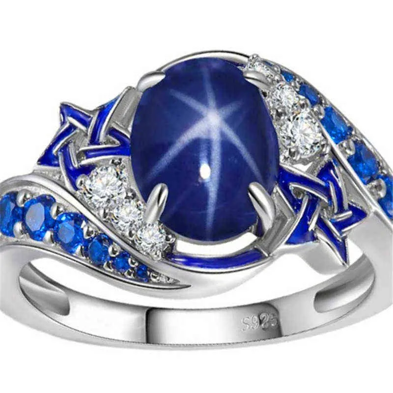 Anillo fino ovalado de cristal de lujo para hombre y mujer, anillo de compromiso de Color plateado delicado, anillos de boda de piedra de circón azul para mujer G1125