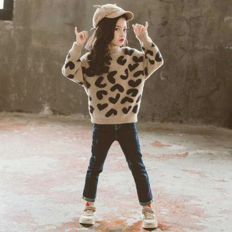 Dziewczyny Sweter Kids Coat Znosić 2021 Leopard Plus Velvet Zagęścić Ciepłe Zimowe Jesienne Topy Polar Boże Narodzenie odzież dla dzieci Y1024