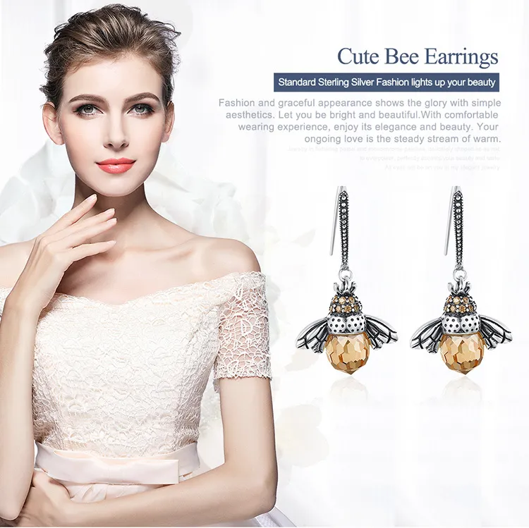 Boucles d'oreilles en argent sterling 925 véritable, cristal éblouissant, abeille, bijoux fins, cadeau de mariage