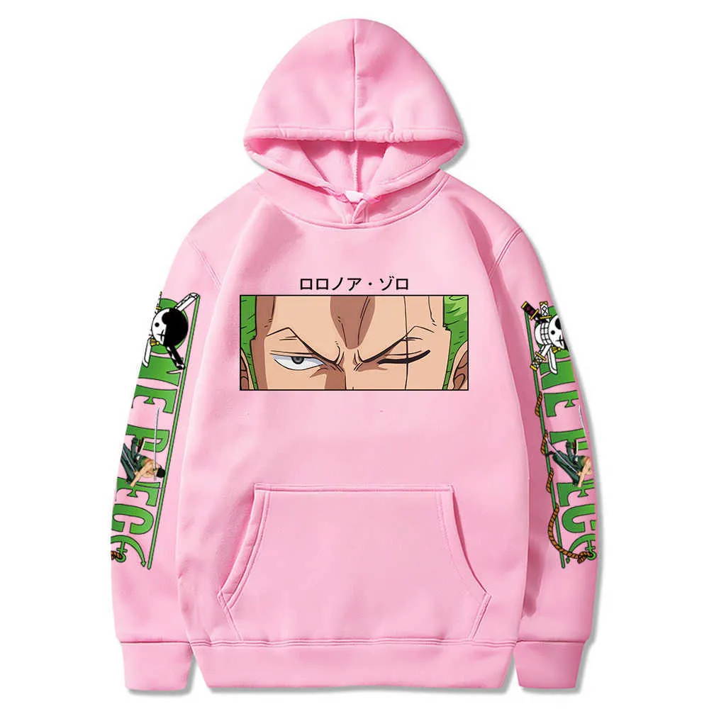 Hot Roronoa Zoro Print Hoodies Masculino Feminino One Piece Anime Sweatshirts Bolsos com Capuz Streetwear Roupas Harajuku H0823