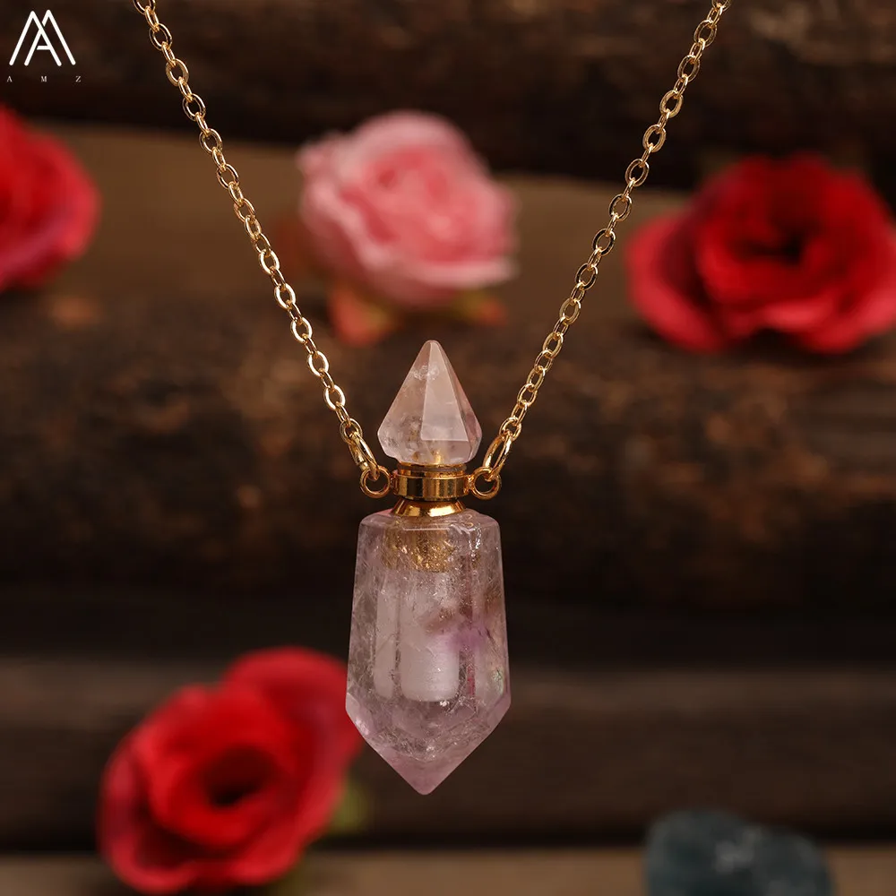 Natural Gems Stone Faceted Prism Perfume Bottle Pendants NecklaceCut Hexagon Points Crystal Essential Oil Diffuser Vial Charms9539815