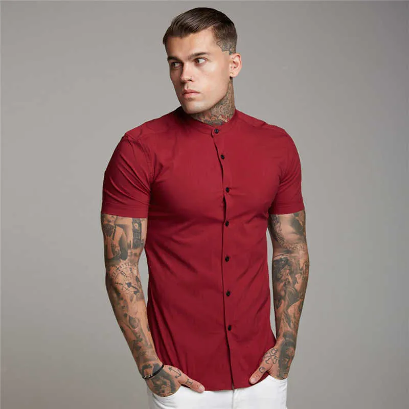 Été Hommes Mode À Manches Courtes Solide Chemise Slim Fit Homme Social Business Dress Marque Hommes Gym Fitness Vêtements De Sport 210721