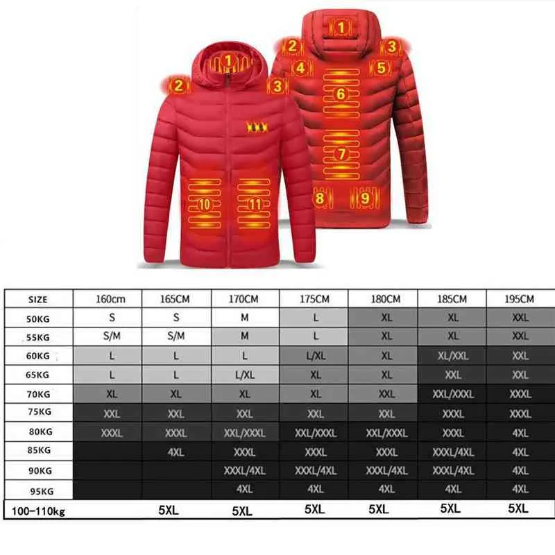 Män 11 ​​områden Heate Jacket Vinter Varm USB Uppvärmning Vest Smart Termostat Hooded Uppvärmd Kläder Vattentät Vadderad 211214