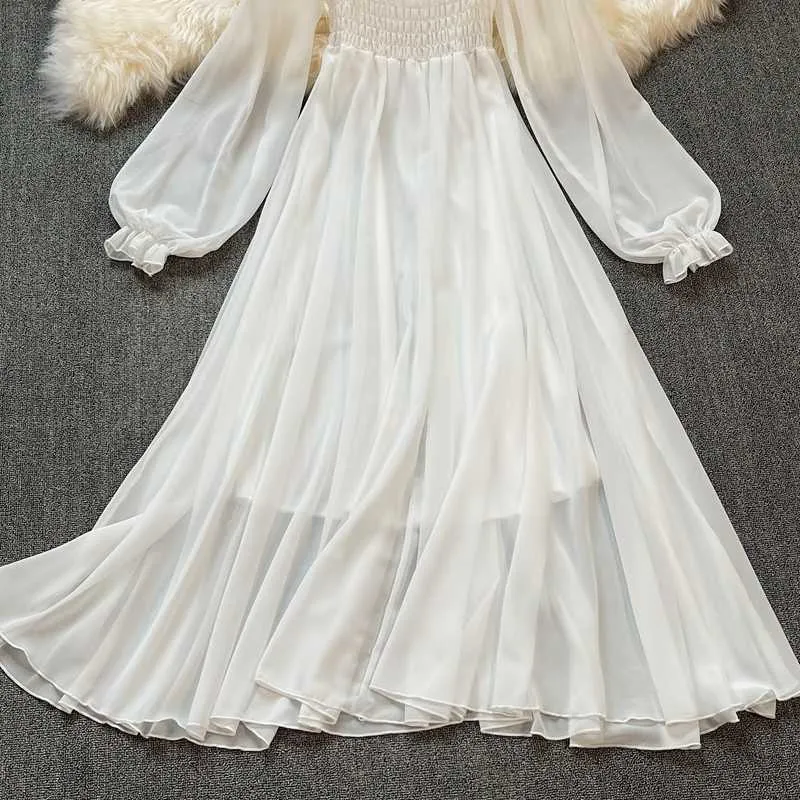 Vintage Chiffon Bianco Vestito Da Partito Delle Donne Elegante Lanterna Manica Lunga A-Line Casual a Vita Alta Abiti Donna Primavera Autunno 2021 Y0603