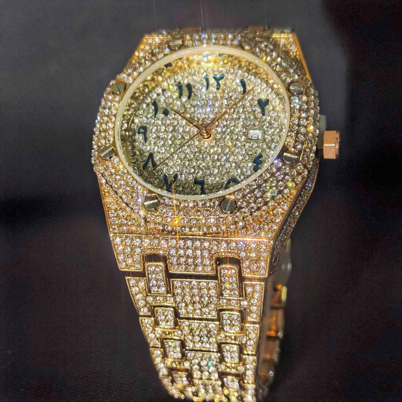 MISSFOX Arabic Numerals Man Watches Rose Gold Quartz Full Diamond Luxury Wristwatch Men Relógio Masculino Hiphop Stainless Steel