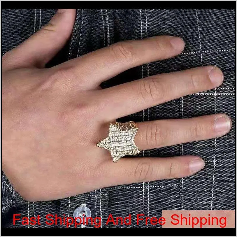Iced Out Star Rings for Men Luxury Designer Mens Bling Diamond Stars Ring Copper Zircon 18K Gold Plated Wedding Engagement Rings 5316Z