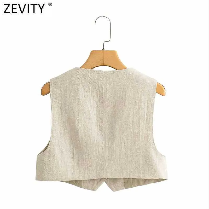 Zevity Femmes Vintage V Cou Solide Couleur Lin Court Gilet Veste Lady Rétro Sans Manches Casual Slim Gilet Chic Crop Tops CT705 210909