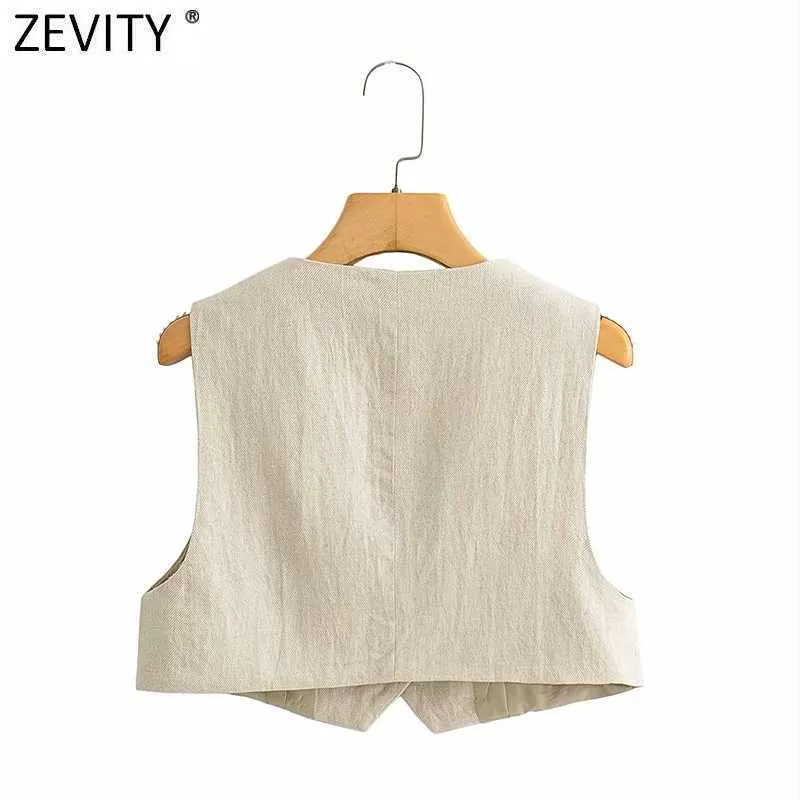 Zevity Women Vintage V Neck Solid Kolor Linen Short Vest Kurtka Lady Retro Sleepelaless Casual Smukły kamizelki