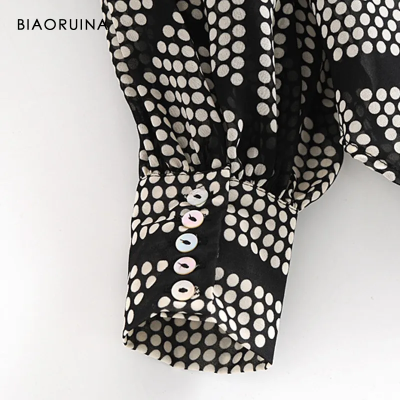 Biaoruina Polca Moman Dot Plaid Impresso camisa casual solta colar gole de gravata borboleta de mangas compridas elegante blusa de outono Spring top 210226