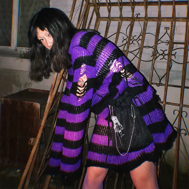 Gotik Punk Delik Stripe Tshirt Kadın Pastel Goth Peri Grunge Harajuku Top büyük boyutlu karanlık estetik artı boyut emo alt kıyafetleri 220226