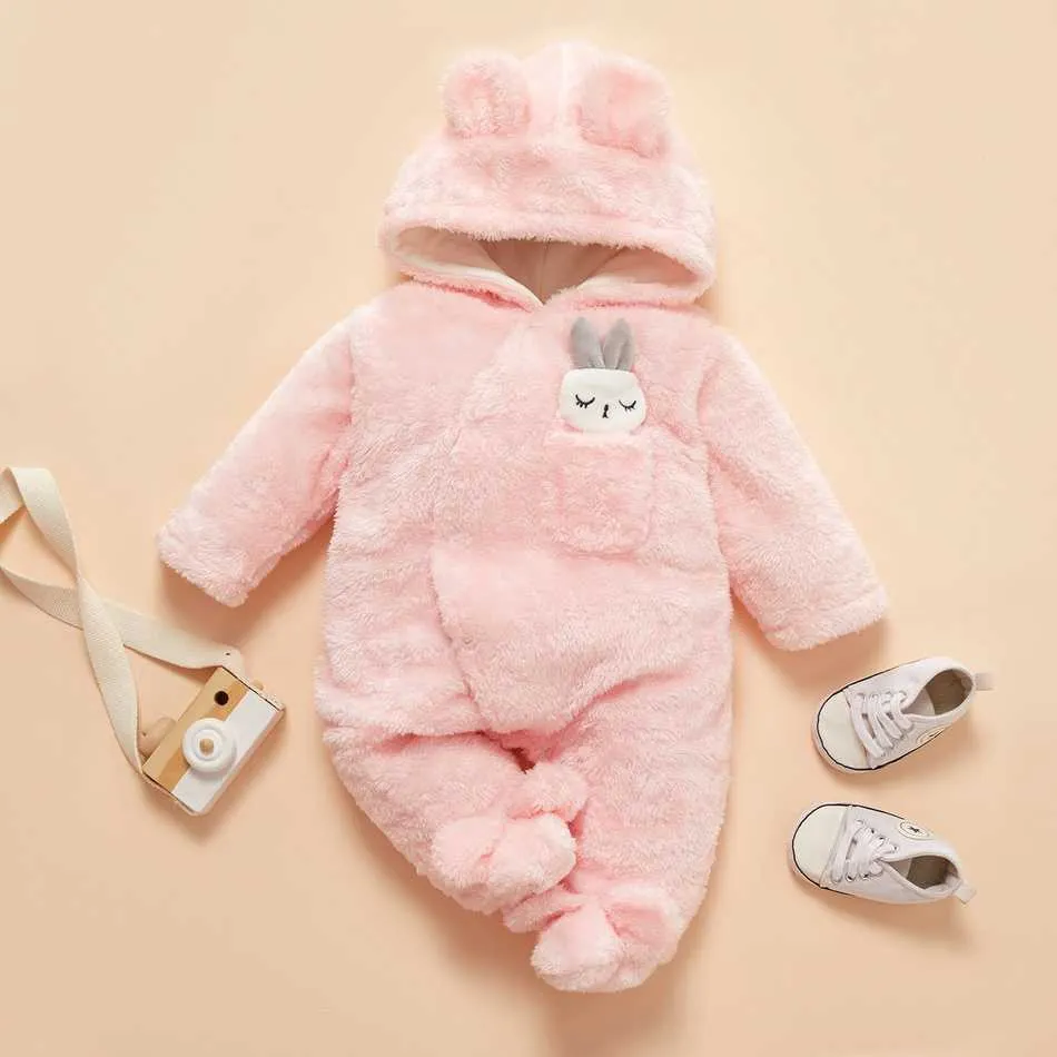 Arrivée hiver bébé solide polaire lapin combinaison à capuche unisexe doux combinaisons vêtements 210528