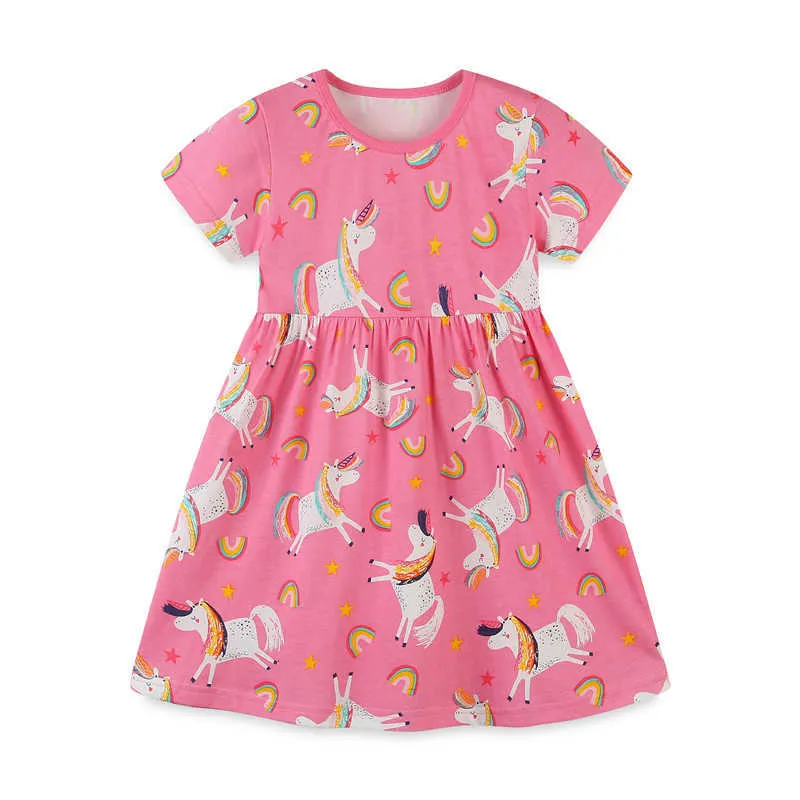 Jumping Meters Unicorn Girls Dresses Cotton Summer Princess Baby Clothing Party Animals Print Cute Children's Costume 210529