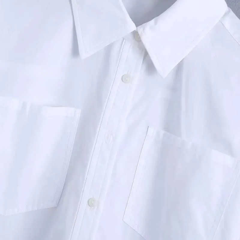 Primavera Mujer Bolsillos dobles Camisa corta blanca Mujer Turndown Collar Blusa de manga larga Casual Lady Loose Tops Blusas S8667 210721