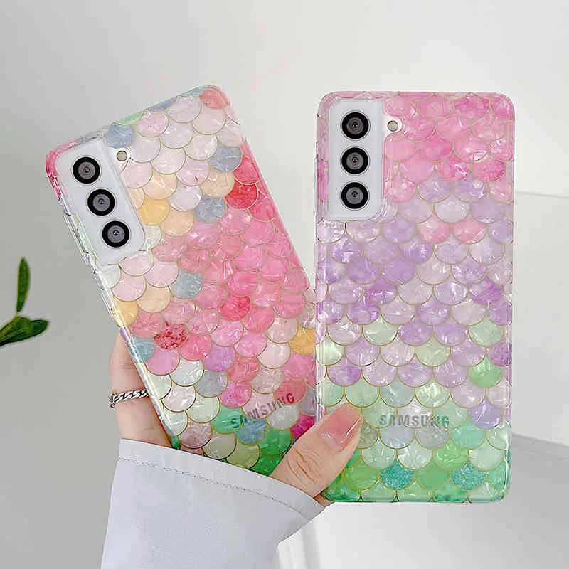 Fashion Cases Meerjungfrau Fischschuppen Shell Telefon Abdeckung für Samsung S21 Plus S20 FE S21 FE Hinweis 20 Ultra Weiche Silikon zurück