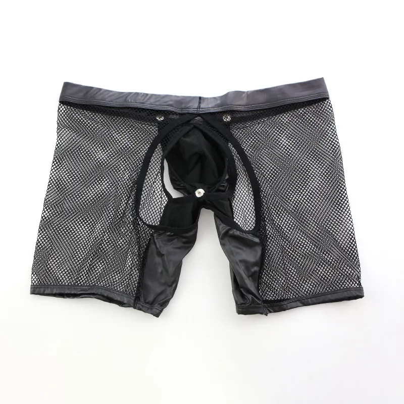 AIIOU Sexy Mesh Mens Gay Underwear Boxers Homme Faux Leather Open