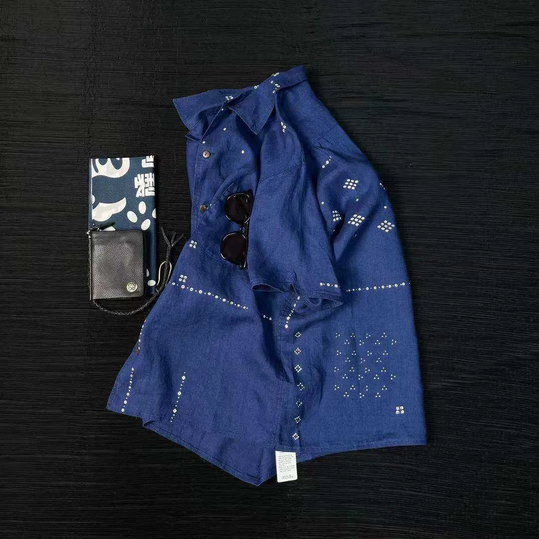 남성 캐주얼 셔츠 Kapital New Hirata Hehong Blue 염색 데님 코튼 프린트 스티치 짧은 소매 셔츠