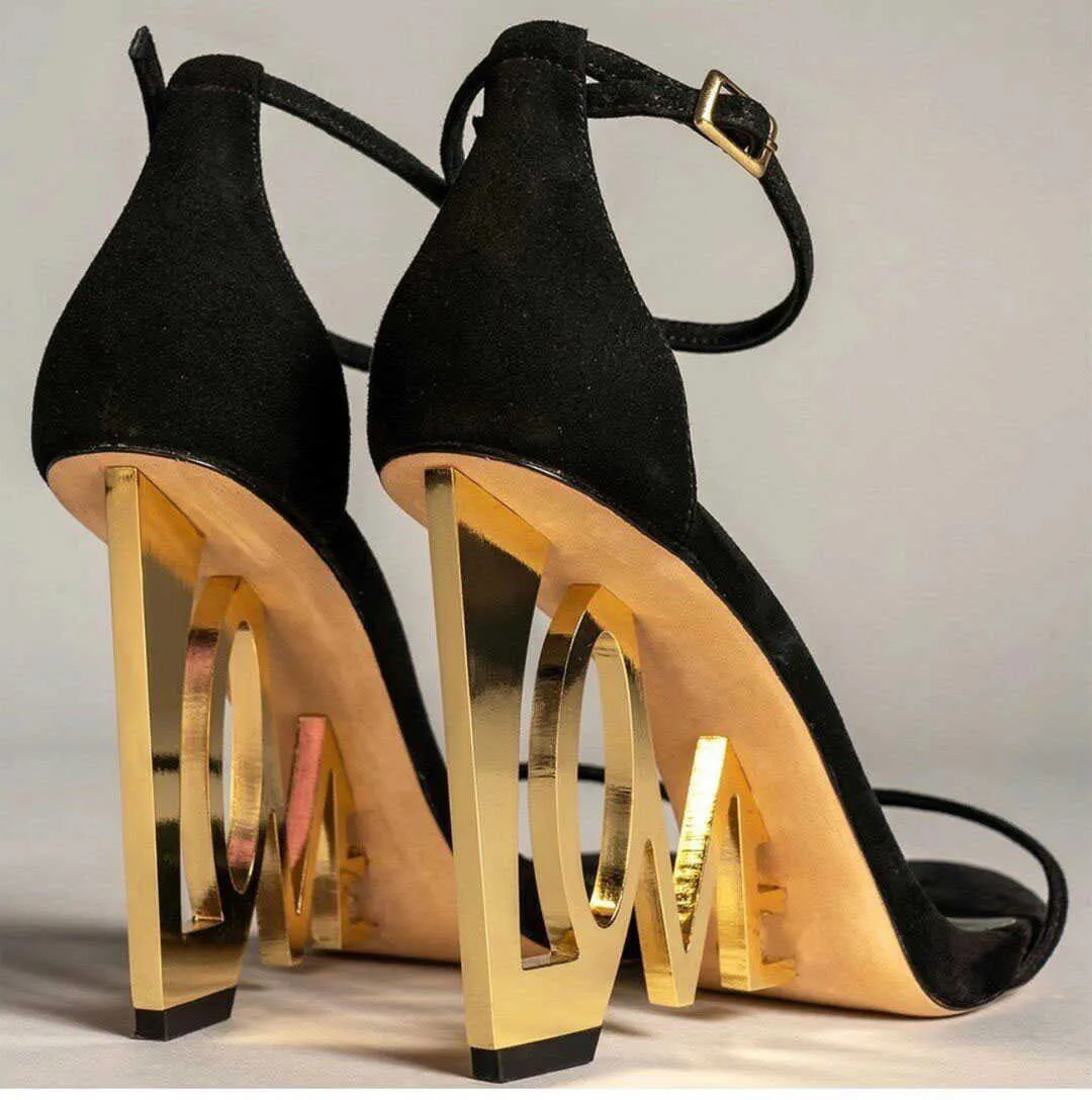 Designer Donna Love Plated Strani tacchi Sandali Camoscio Cinturino alla caviglia Moda Gladiatore Open Toe Cut Out Abito da sposa Scarpe Q0623