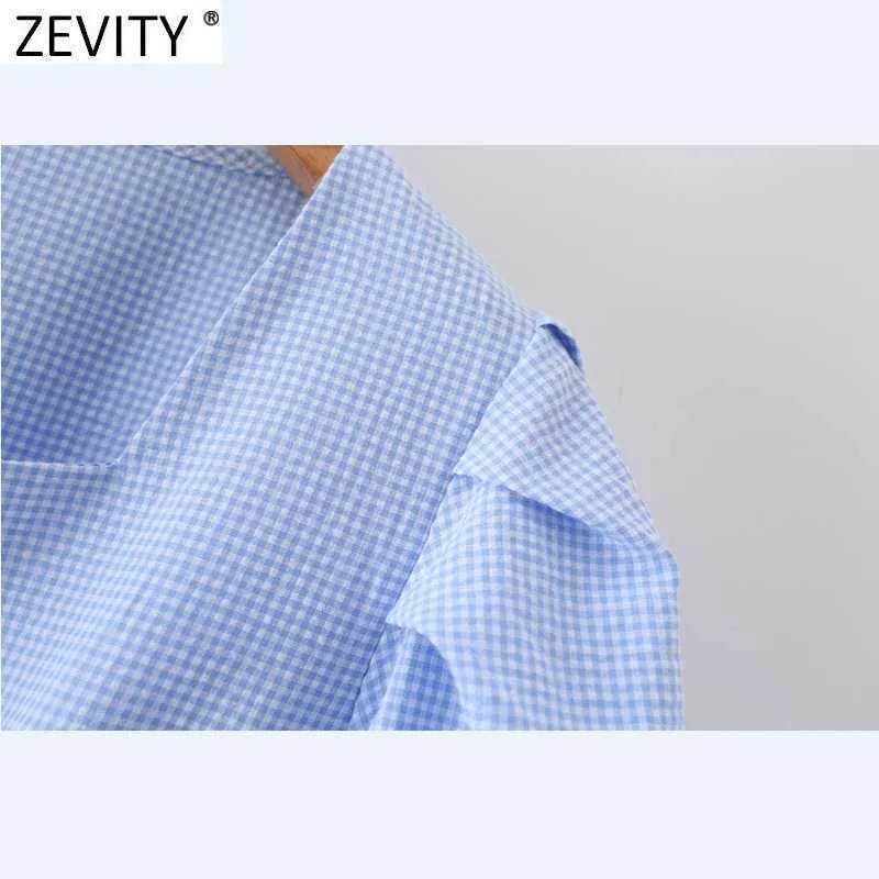 Zeefity Dames Mode Plaid Print Casual Hem Ruches Mini Shirt Jurk Vrouwelijke Chic Ploow Puff Sleeve Kimono Vestidos DS8356 210603