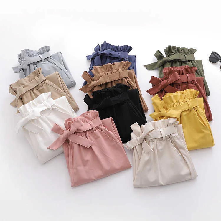 Calças de algodão coreano Calças de verão Lace-up Elastic Cintura Calças Casuais Feminino All-Match Harlan -Pants 210925