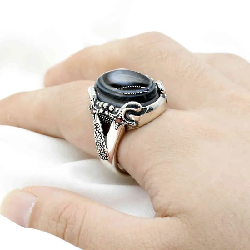 Solid 925 Silver Evil Eye Natural Agate Stone Auspicious Goat Signet for Women Men Luxury Vintage Party Ring Onyx