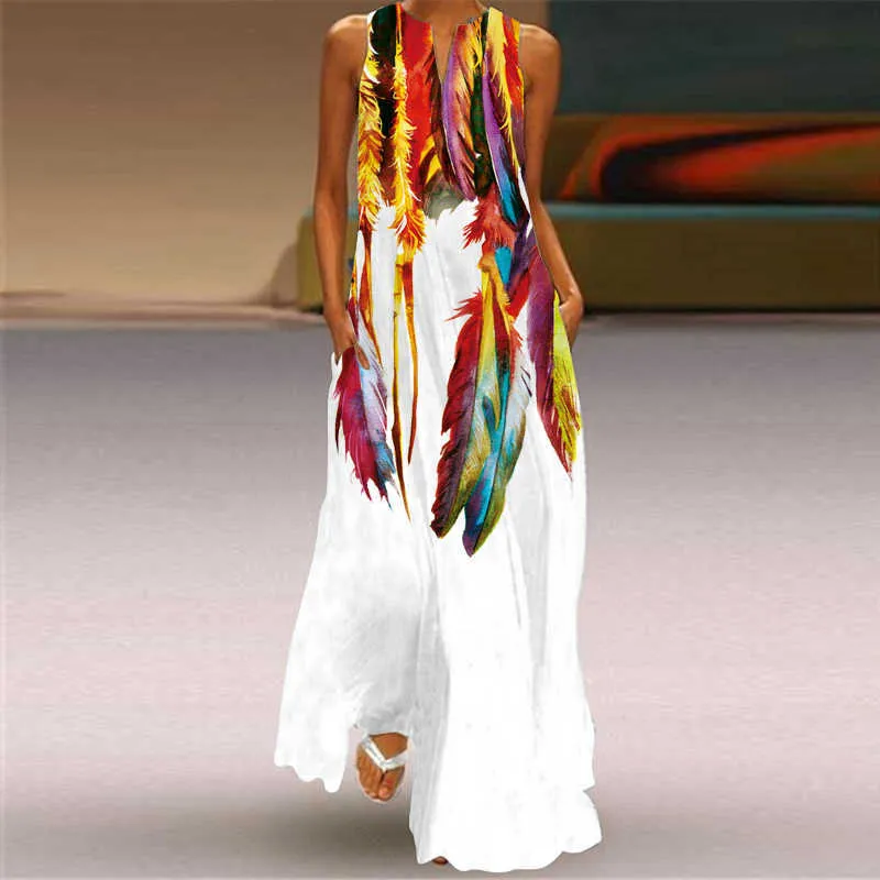 Wayoflove Mode Plume Imprimer Robe Plage Casual Plus Taille Robes élégantes Summer Femme Sans manches Fille Maxi Robe Femmes 210602