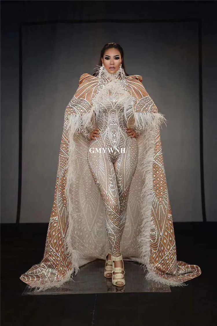 Party Decoration T55 Ballroom Dance Stage Costume Costume Feather Cloak Female chanteuse Perform Tenfit 3D Printing Stretch Leotard Jumpsuit 176F