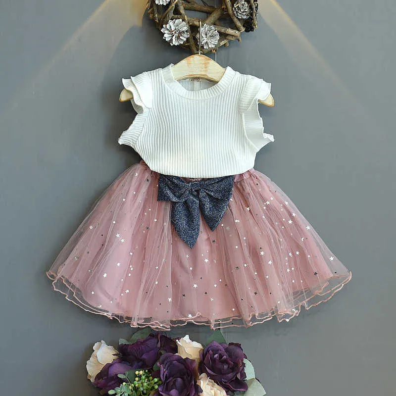 Love DDMMの女の子の服をセット子供のトップショートパンツ+弓ボールガウンスパンコールメッシュドレス2本の服セット女の子子供のコスチューム210715