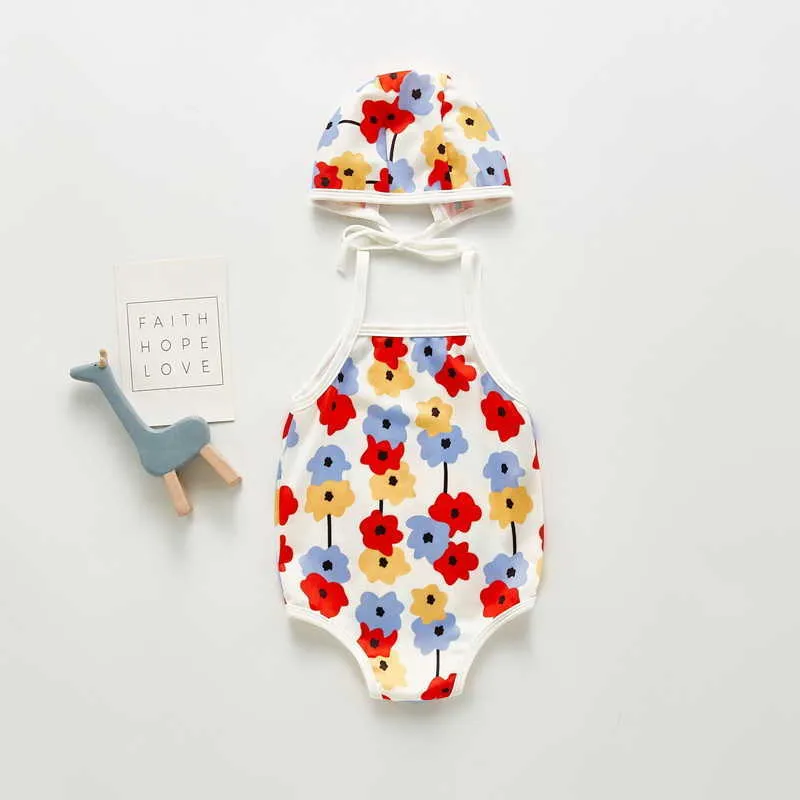 여름 아이들 소녀 수영복 꽃 수영복 모자와 함께 귀여운 스타일의 옷 E19 210610