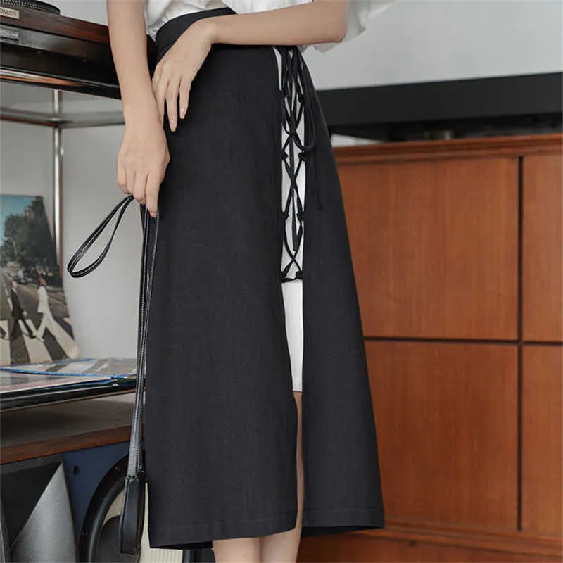 Mode Lace Up Jupe Longue Femmes Été Taille Haute Jupes Noir Blanc Patchwork Gothique Midi Streetwear Faldas Largas Mujer Etek 210619