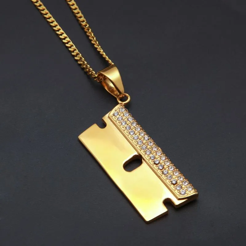 Pendant Necklaces Stainless Steel Gold Color Hip Hop Razor Blade Necklace Out Rhinestone Mens Charm Jewelry 3mm 24inch Cuban Chain274O