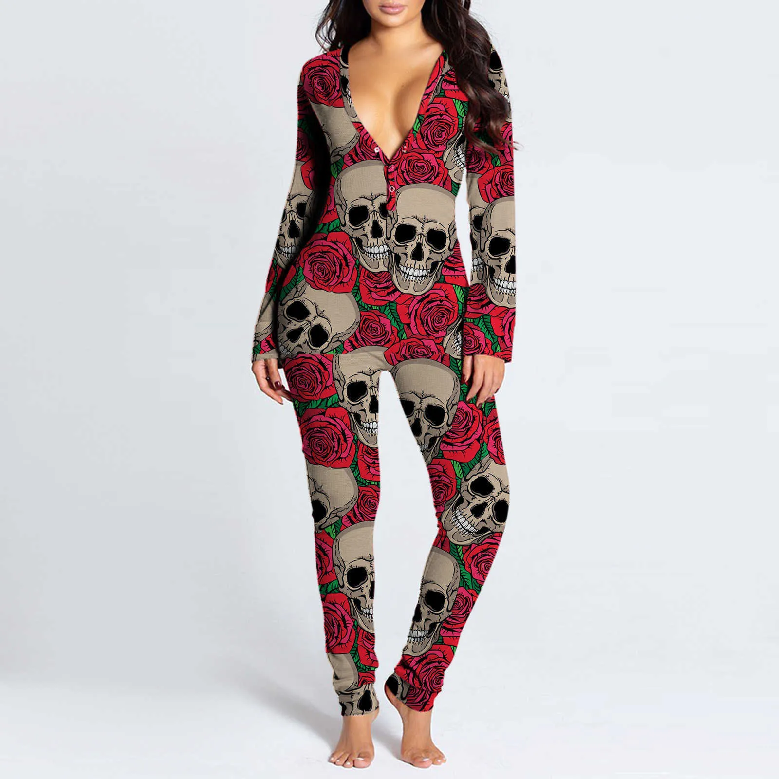 Sexy Women Pajama Set Halloween print Button-down Front Functional Buttoned Flap Adults Jumpsuit Open Butt Pajamas Onesies 211228